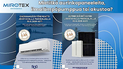 Mirotex – energiansäästöremontti ja aurinkosähkö kotiin joustavalla SOG-rahoituksella, 6 kk koroton maksuaika 30.6.2026 asti. Kuvassa ilmalämpöpumppu ja aurinkopaneelit.