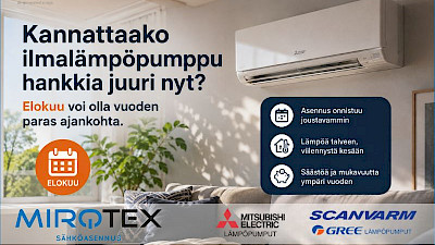 Sähköasennus Mirotex asentaa Gree- ja Mitsubishi Electric -ilmalämpöpumput ammattitaidolla Pohjois-Karjalassa.